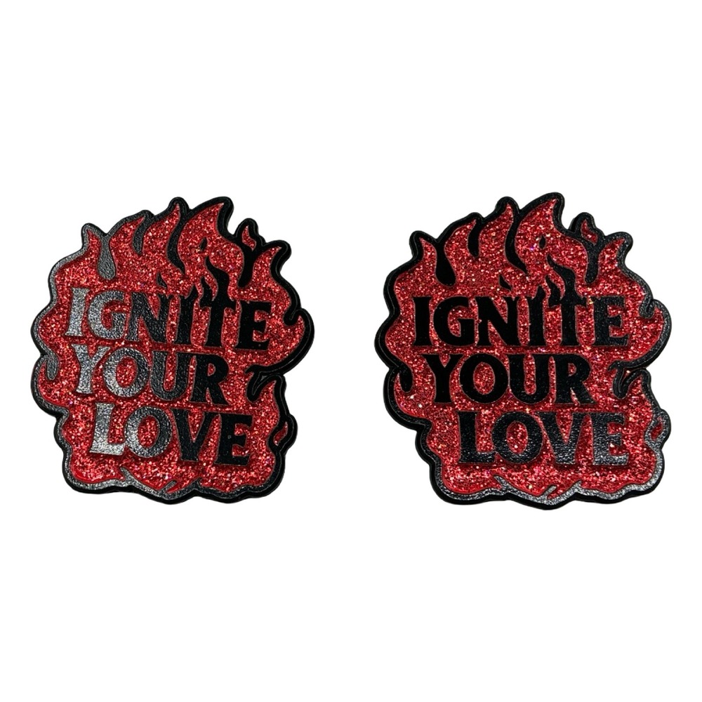 Lot 2x Ignition Press Ignite Your Love Enamel Pin Set Red Glitter Flame